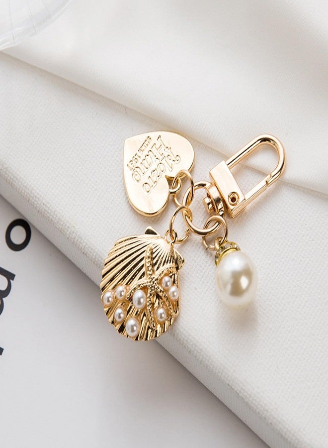 Spenlly Beach Keychain for Beach Ocean Lover Gift, Cute Pearl Shell Bag Purse Charms Summer Vacation Surfing Keyring Holder (Gold) - Image 2
